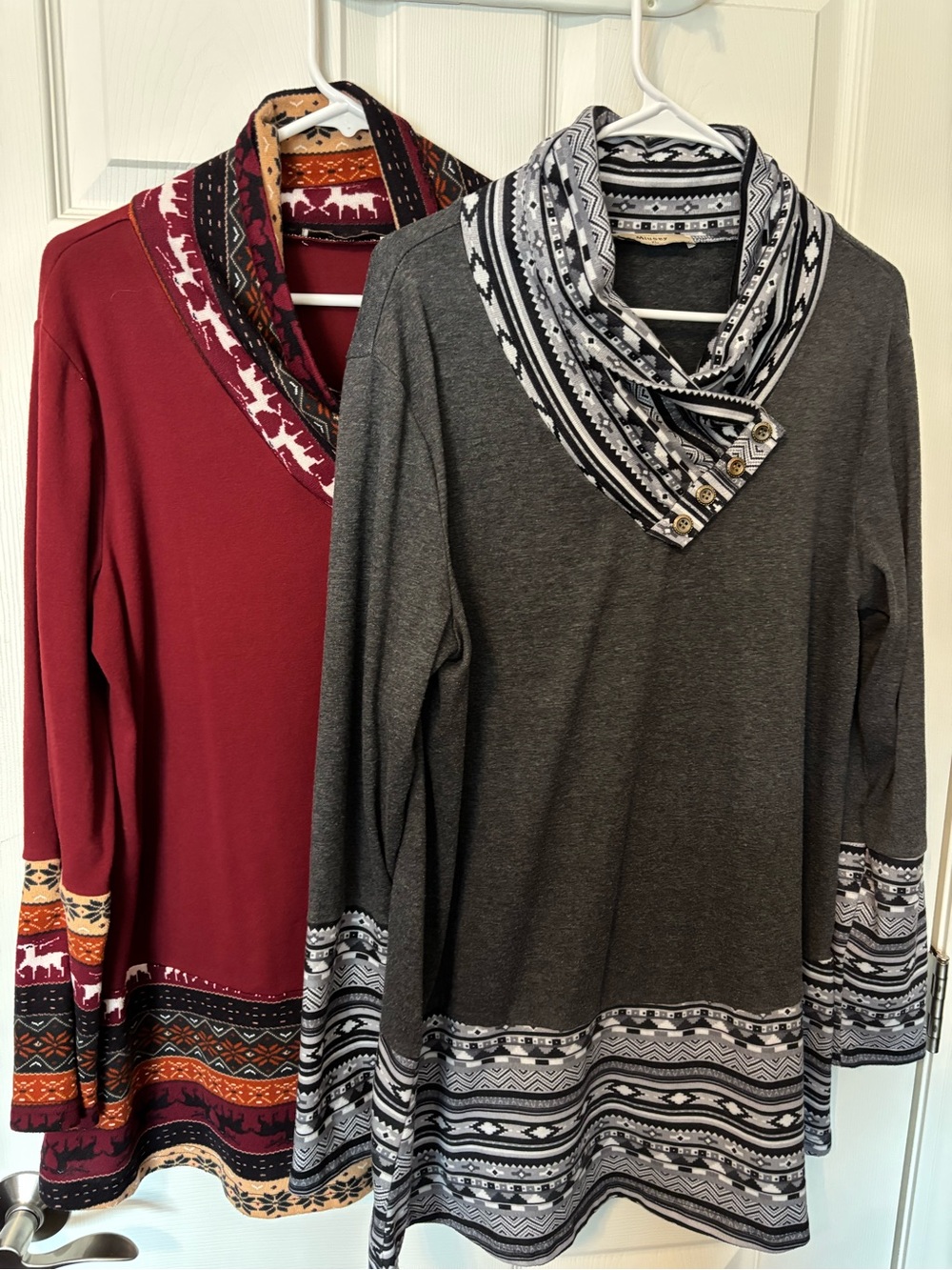 Cozy Cowl-Neck Tunic Sweater - Gray & Burgundy